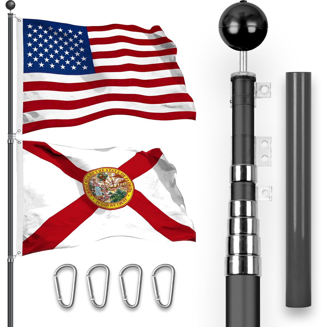 G128 Combo Pack: 25 Ft Telescoping Aluminum Flagpole (Black) & American and Florida Flags 3x5 Ft, Both StormFlyer Series Embroidered 220GSM Spun Polyester | Pole with Flags Included